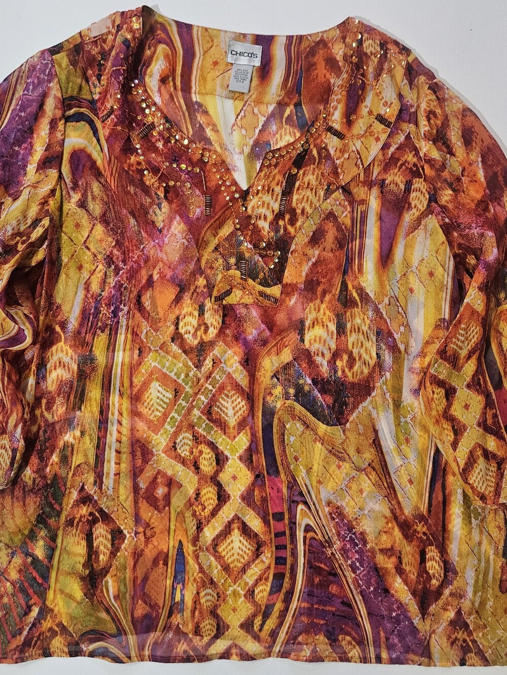 Chicos Silk Tunic Blouse Womens Large Orange Purple Abstract Old Money Luxury